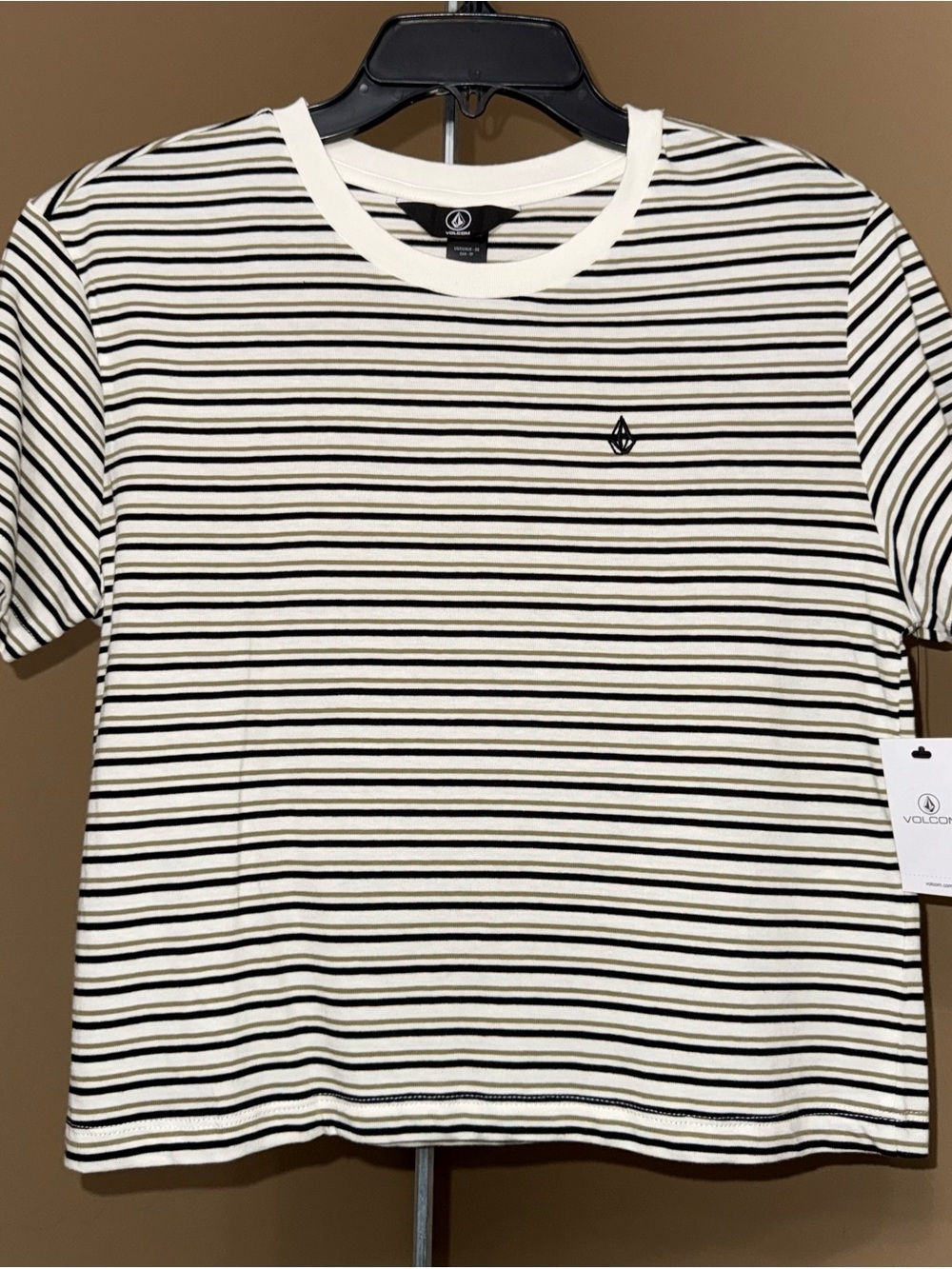 NWT VOLCOM Black & White Striped Crew T-Shirt. Size XS.